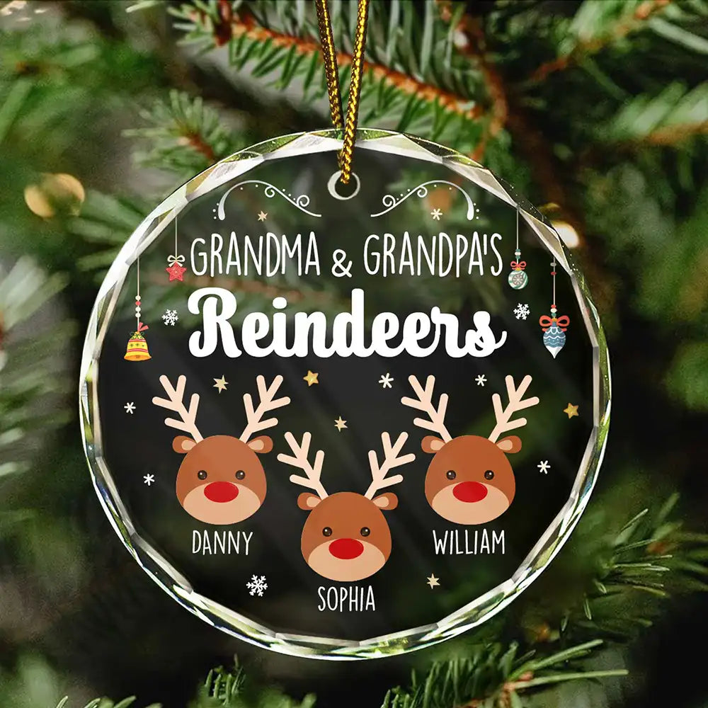 Grandkids Grandma Grandpa Mom Dad Reindeer - Personalized Circle Glass Ornament ORNA1210