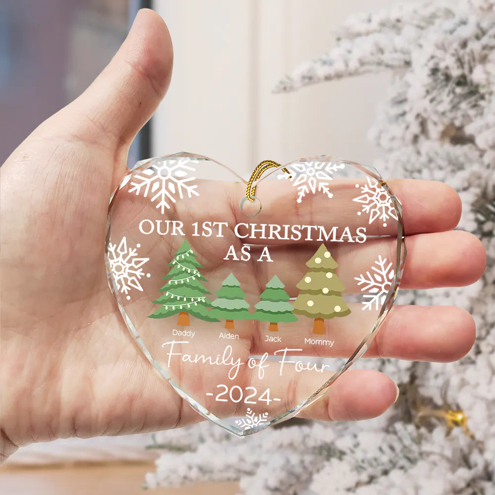 First Christmas As A Family Of Three - Personalized Heart Shaped Glass Ornament ORNA1210