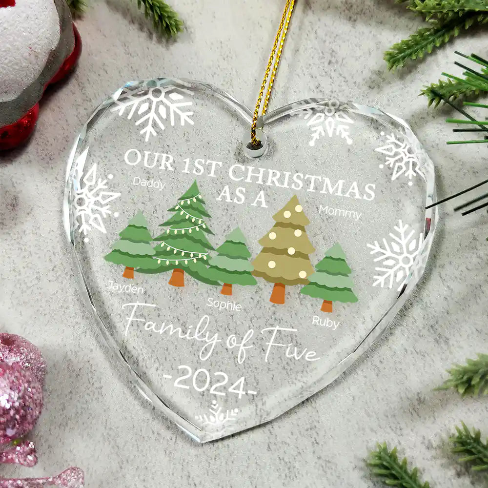 First Christmas As A Family Of Three - Personalized Heart Shaped Glass Ornament ORNA1210