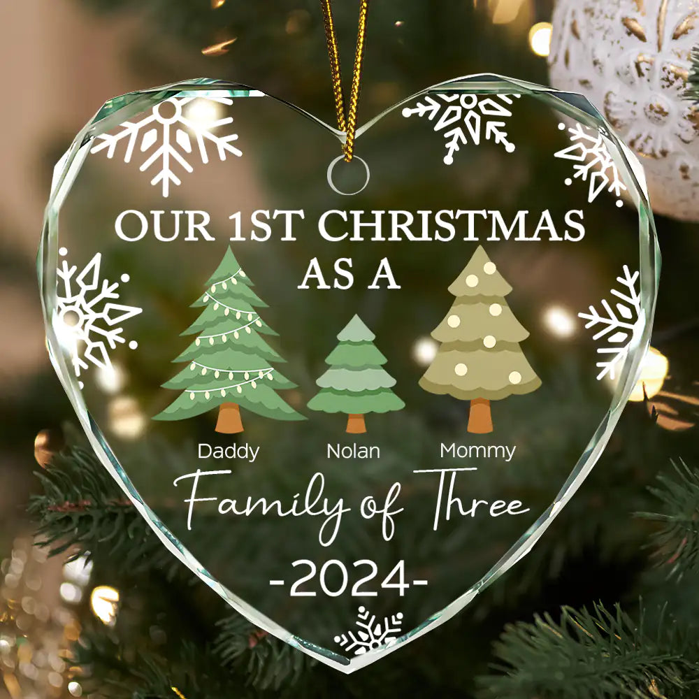First Christmas As A Family Of Three - Personalized Heart Shaped Glass Ornament ORNA1210