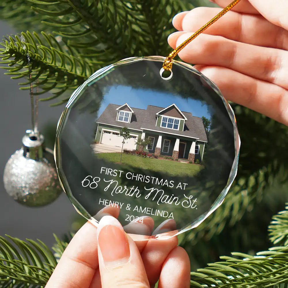 Custom Photo First Christmas At New Home Couple Family - Personalized Circle Glass Ornament ORNA1210