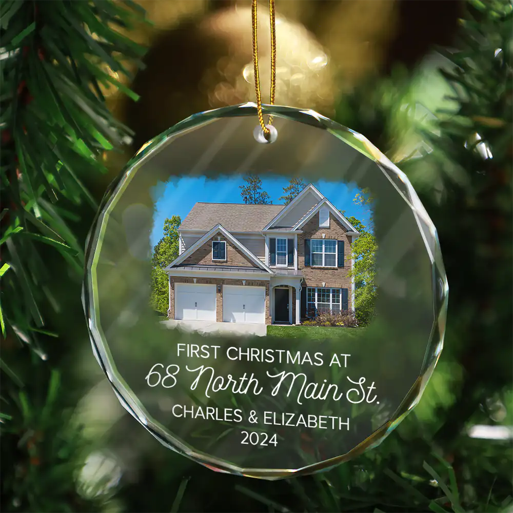 Custom Photo First Christmas At New Home Couple Family - Personalized Circle Glass Ornament ORNA1210