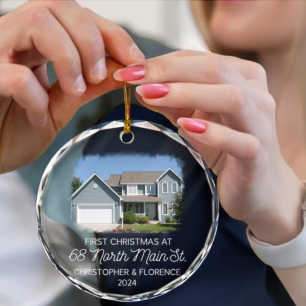 Custom Photo First Christmas At New Home Couple Family - Personalized Circle Glass Ornament ORNA1210