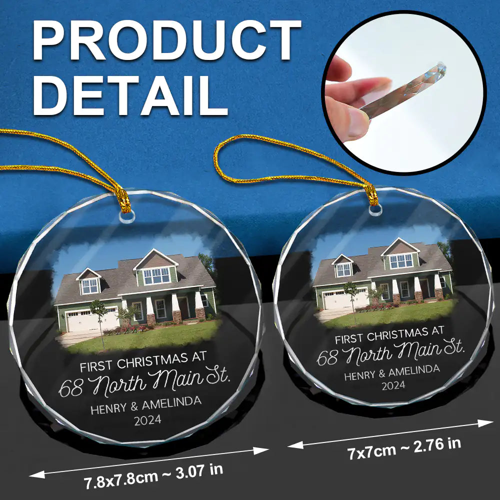 Custom Photo First Christmas At New Home Couple Family - Personalized Circle Glass Ornament ORNA1210