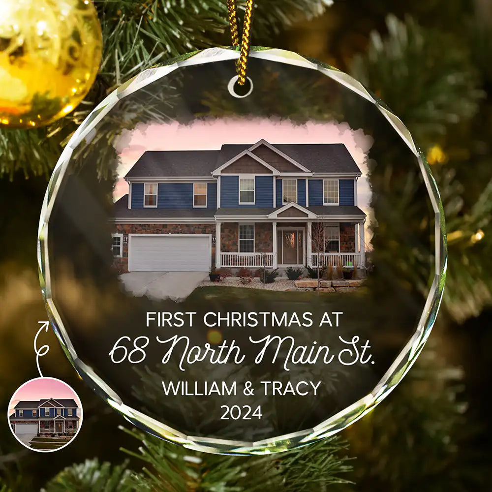 Custom Photo First Christmas At New Home Couple Family - Personalized Circle Glass Ornament ORNA1210