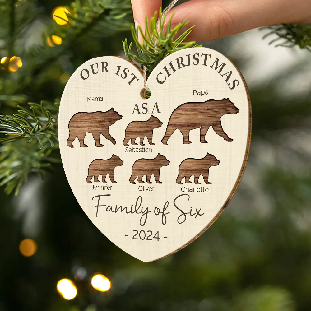 First Christmas As A Family Of Four Bear - Personalized Custom Shaped Wooden Ornament ORNA1210
