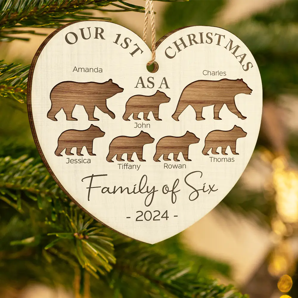First Christmas As A Family Of Four Bear - Personalized Custom Shaped Wooden Ornament ORNA1210