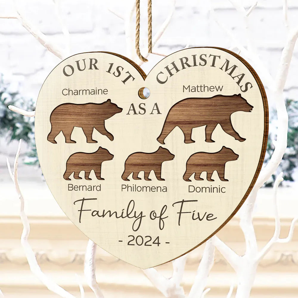 First Christmas As A Family Of Four Bear - Personalized Custom Shaped Wooden Ornament ORNA1210