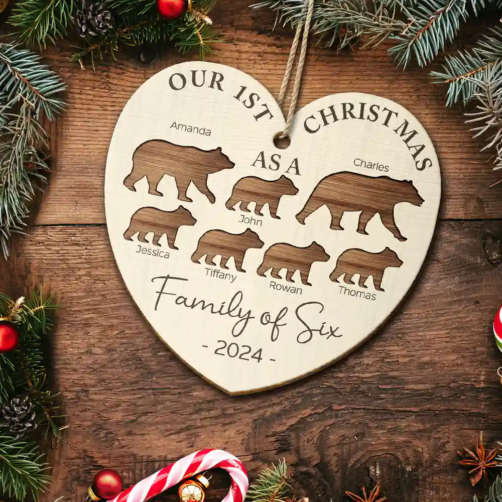 First Christmas As A Family Of Four Bear - Personalized Custom Shaped Wooden Ornament ORNA1210