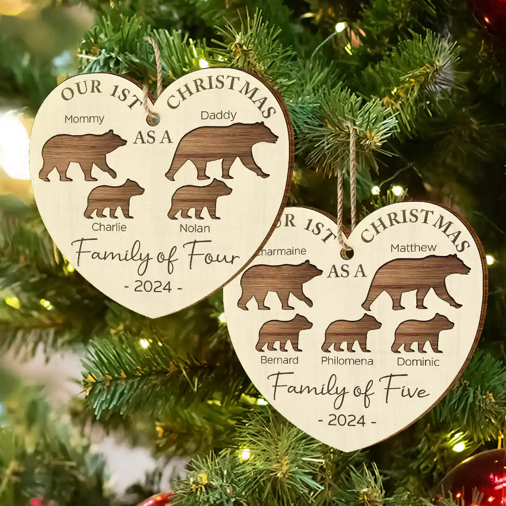 First Christmas As A Family Of Four Bear - Personalized Custom Shaped Wooden Ornament ORNA1210