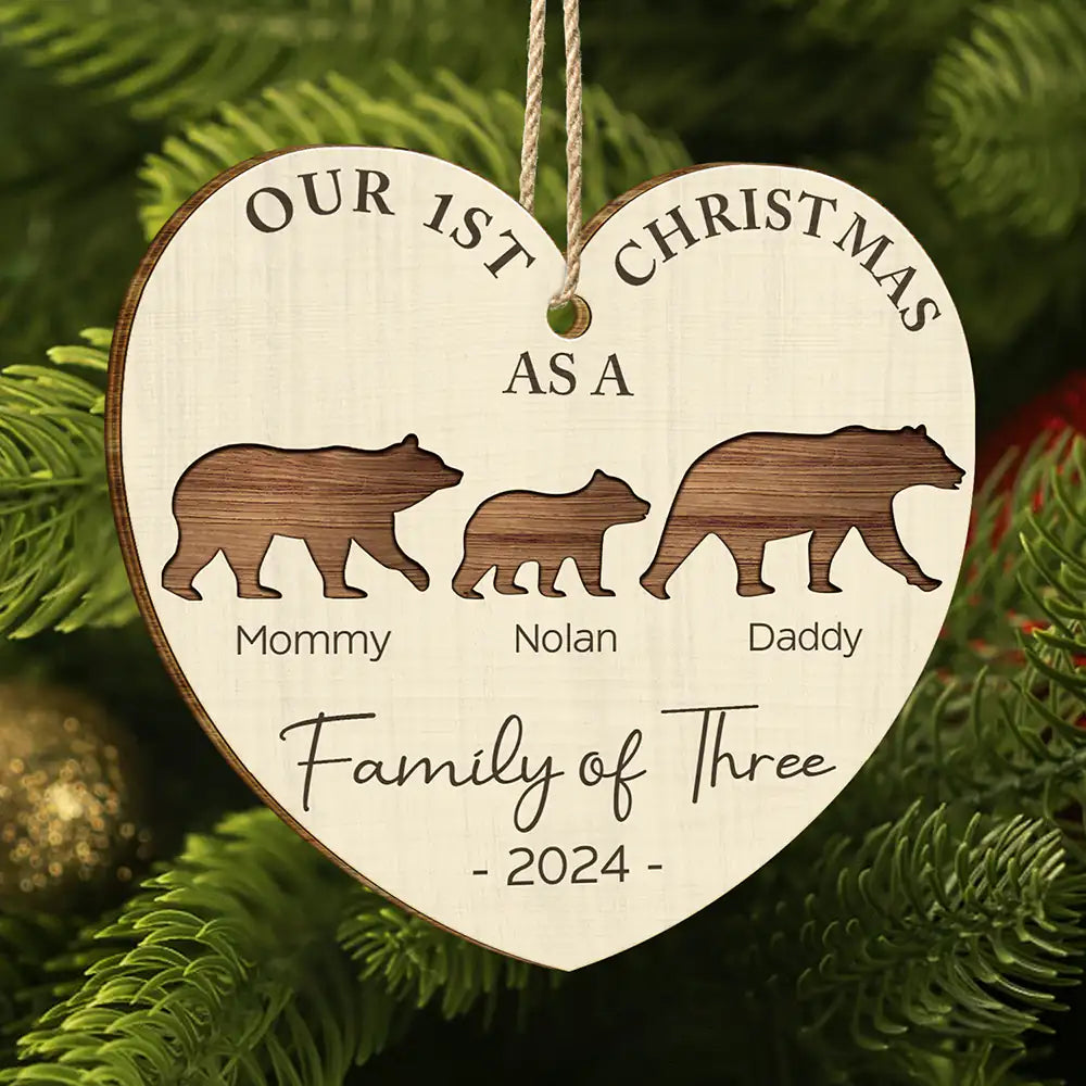 First Christmas As A Family Of Four Bear - Personalized Custom Shaped Wooden Ornament ORNA1210