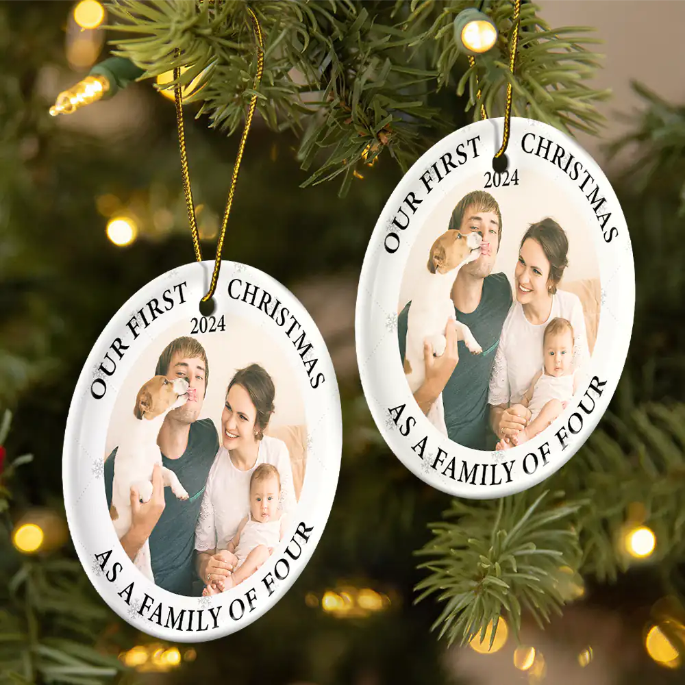 Custom Photo First Christmas As A Family Of Three New Parents - Personalized Circle Ceramic Ornament ORNA1210