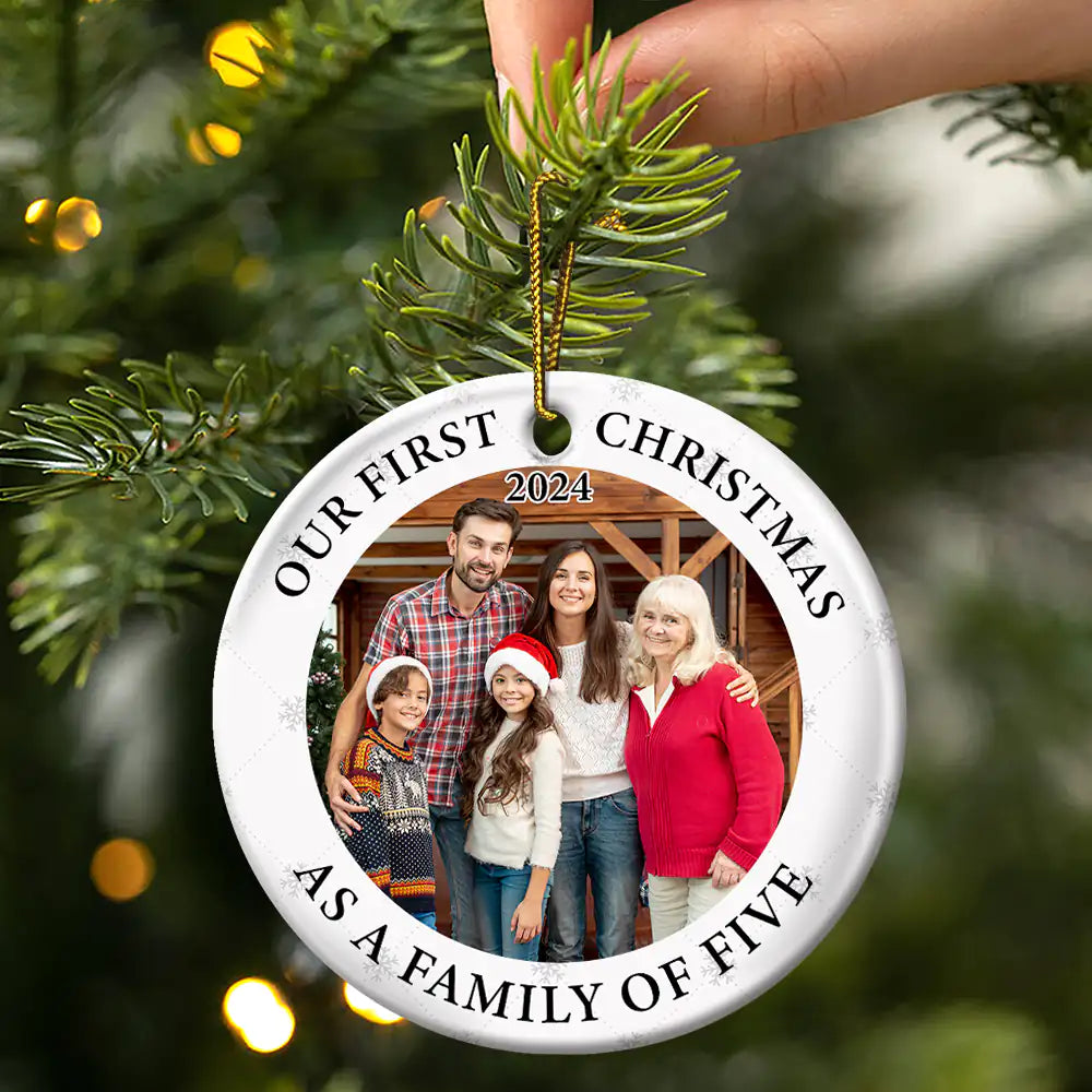 Custom Photo First Christmas As A Family Of Three New Parents - Personalized Circle Ceramic Ornament ORNA1210