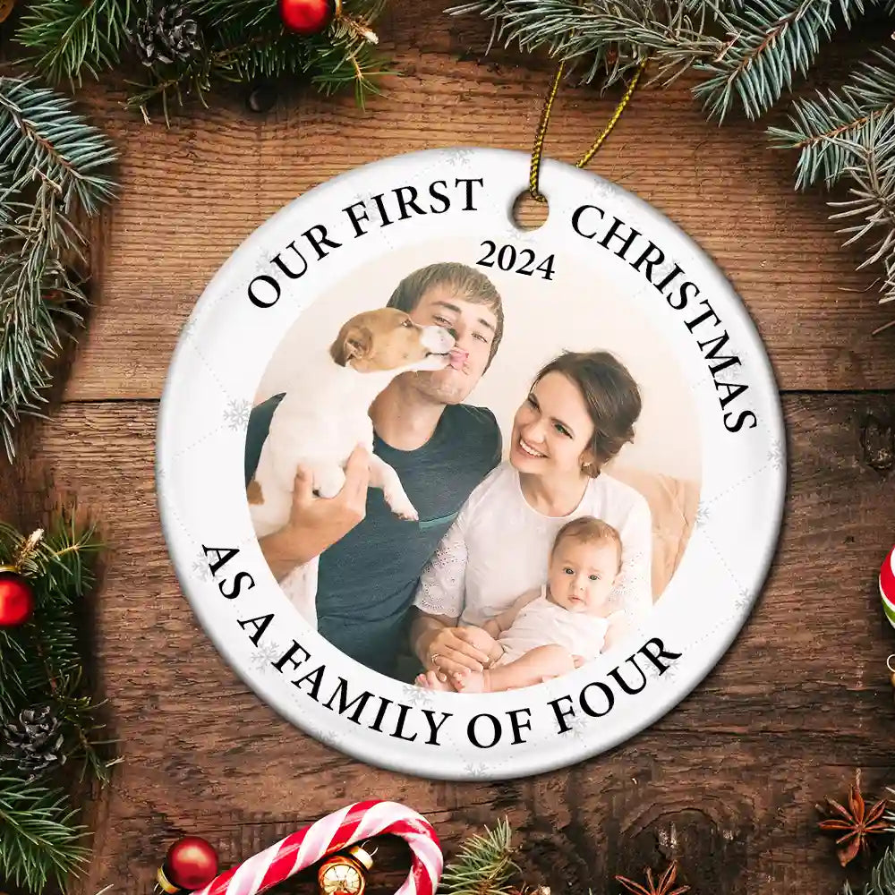 Custom Photo First Christmas As A Family Of Three New Parents - Personalized Circle Ceramic Ornament ORNA1210