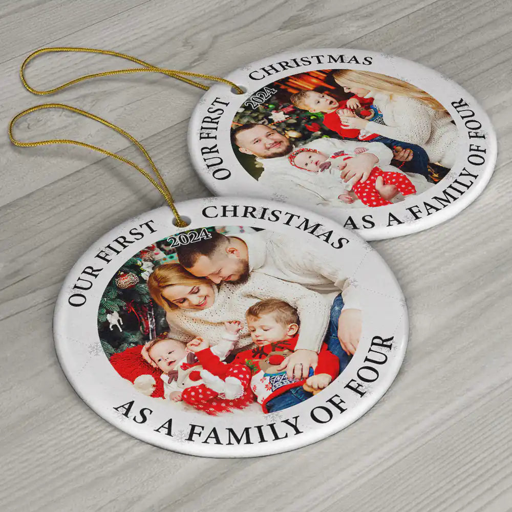 Custom Photo First Christmas As A Family Of Three New Parents - Personalized Circle Ceramic Ornament ORNA1210