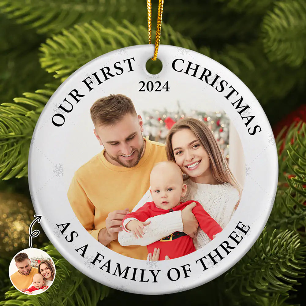 Custom Photo First Christmas As A Family Of Three New Parents - Personalized Circle Ceramic Ornament ORNA1210