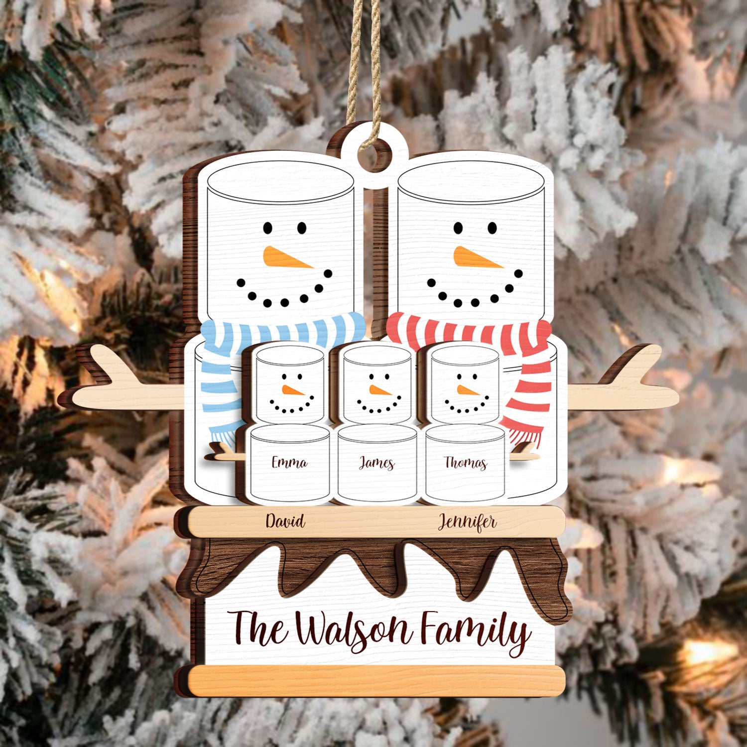 S'more Snowman Family - Christmas Gift For Family - Personalized 2-Layered Wooden Ornament ORNA1210