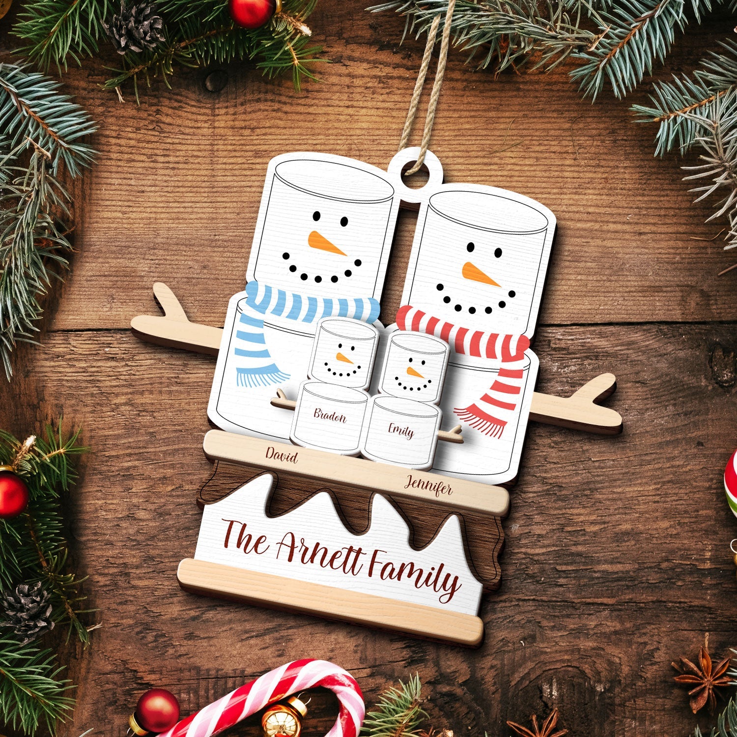 S'more Snowman Family - Christmas Gift For Family - Personalized 2-Layered Wooden Ornament ORNA1210