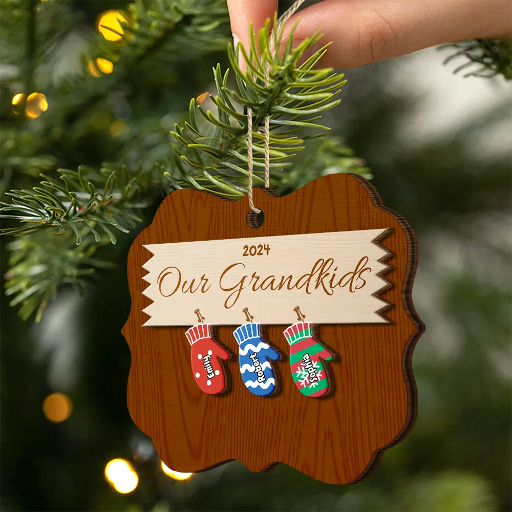 Mittens With Grandkids Names - Christmas Gift For Grandparent - Personalized 2-Layered Wooden Ornament ORNA1210