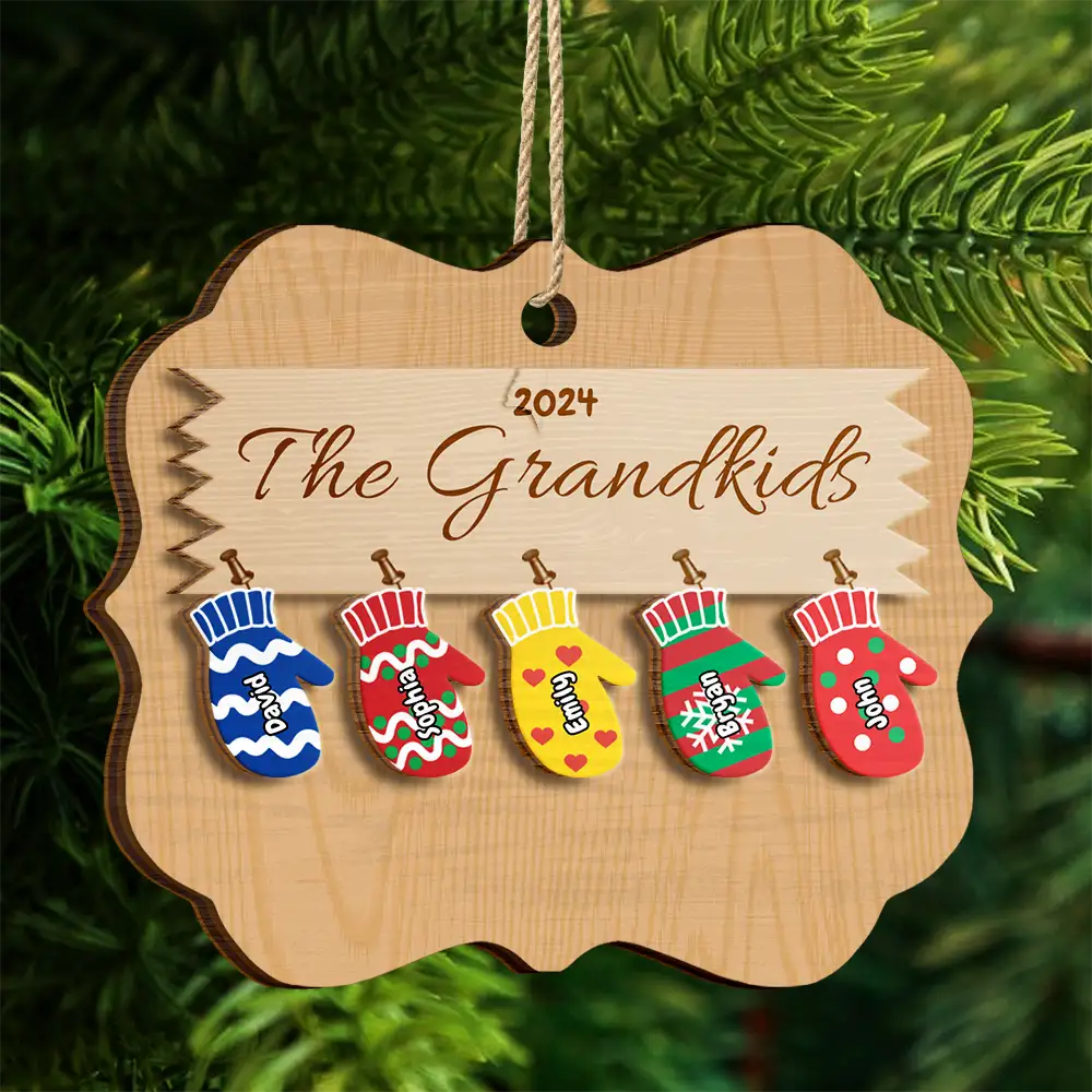 Mittens With Grandkids Names - Christmas Gift For Grandparent - Personalized 2-Layered Wooden Ornament ORNA1210