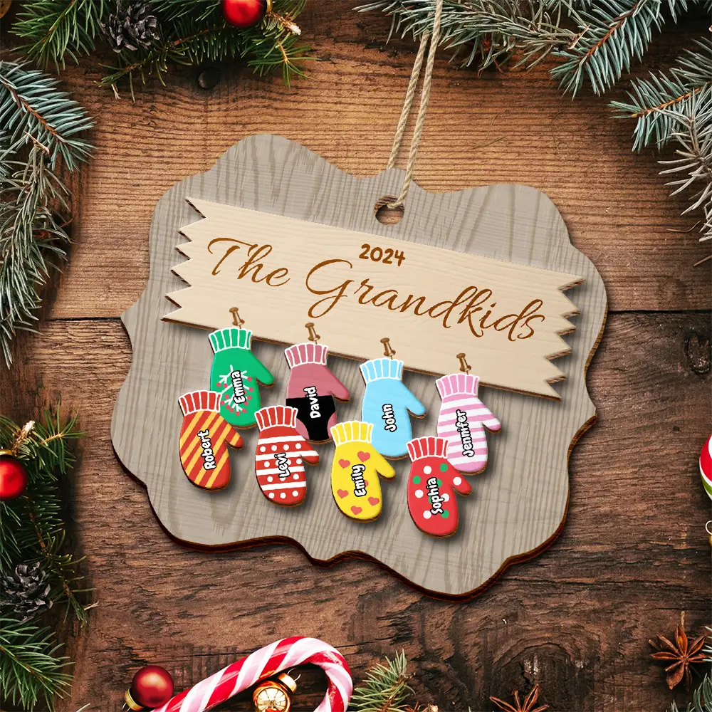 Mittens With Grandkids Names - Christmas Gift For Grandparent - Personalized 2-Layered Wooden Ornament ORNA1210