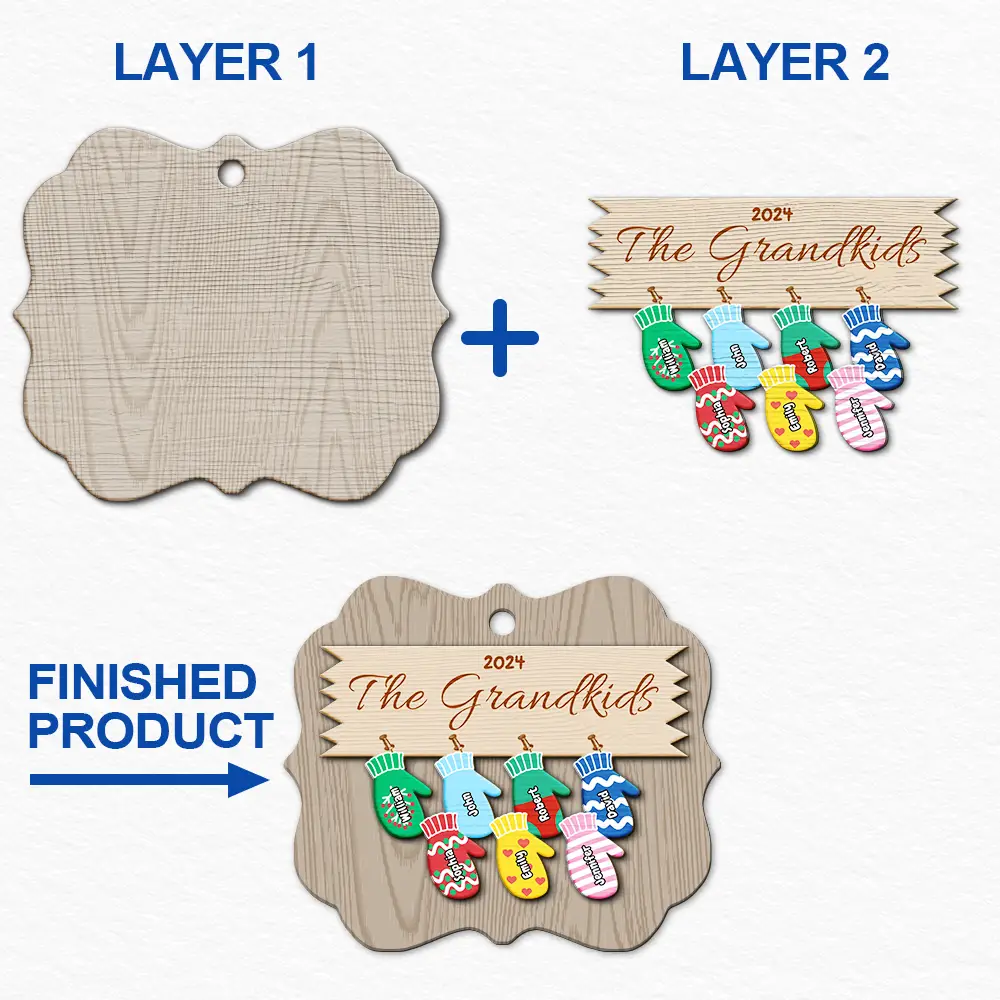 Mittens With Grandkids Names - Christmas Gift For Grandparent - Personalized 2-Layered Wooden Ornament ORNA1210