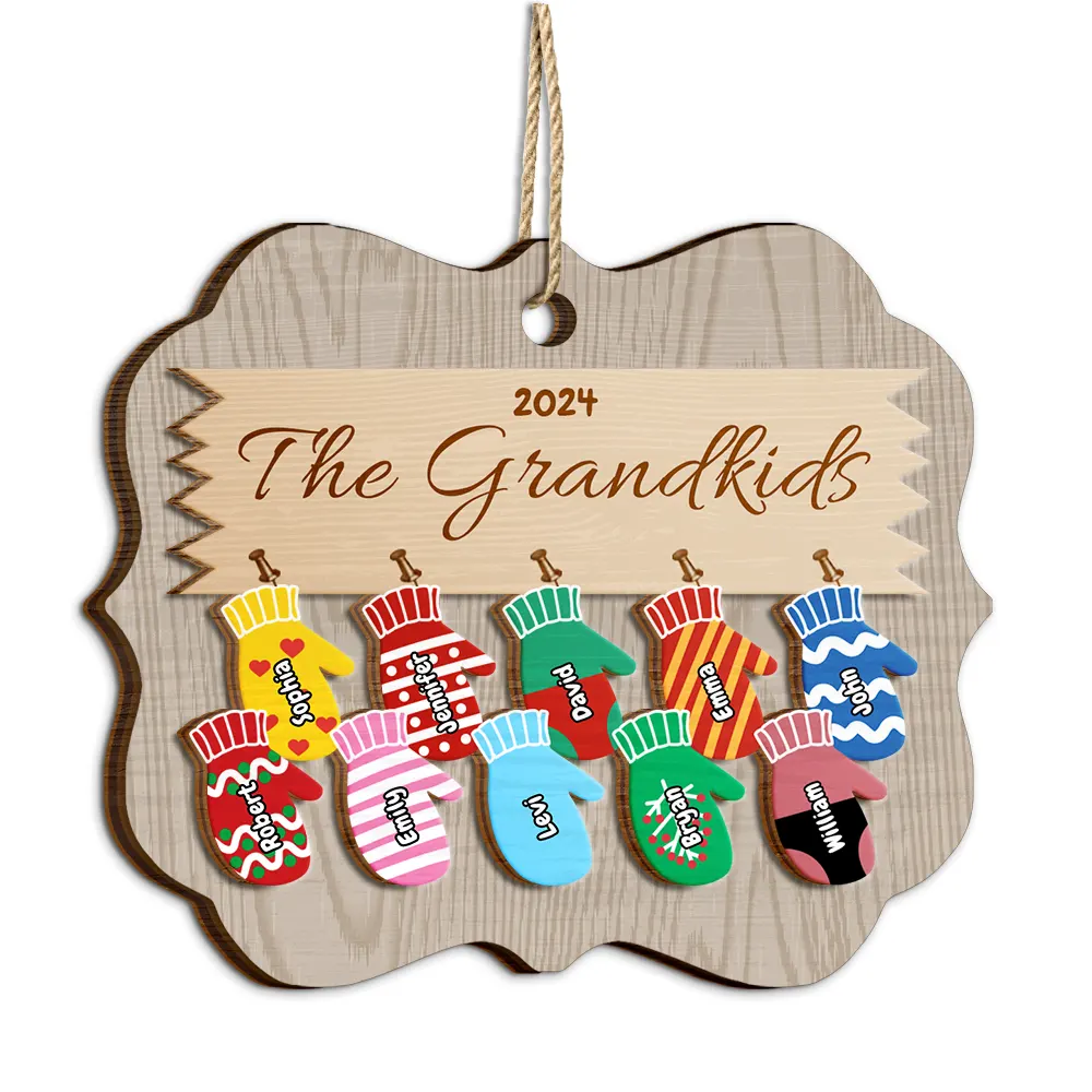 Mittens With Grandkids Names - Christmas Gift For Grandparent - Personalized 2-Layered Wooden Ornament ORNA1210