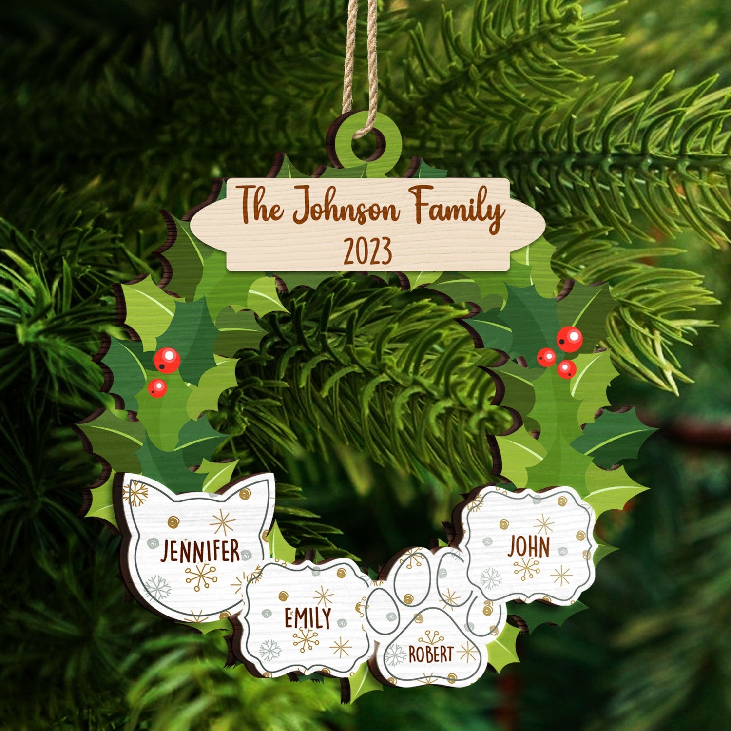 Garland Wreath Family - Christmas Gift For Family - Personalized 2-Layered Wooden Ornament ORNA1210