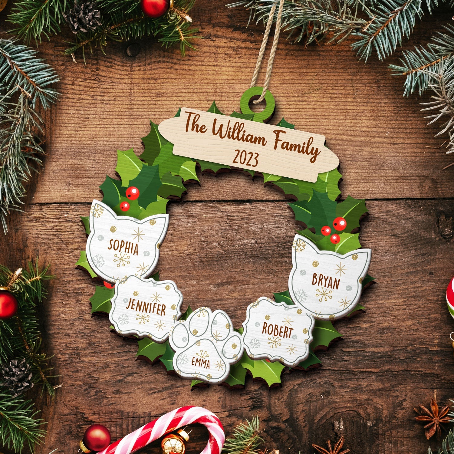 Garland Wreath Family - Christmas Gift For Family - Personalized 2-Layered Wooden Ornament ORNA1210