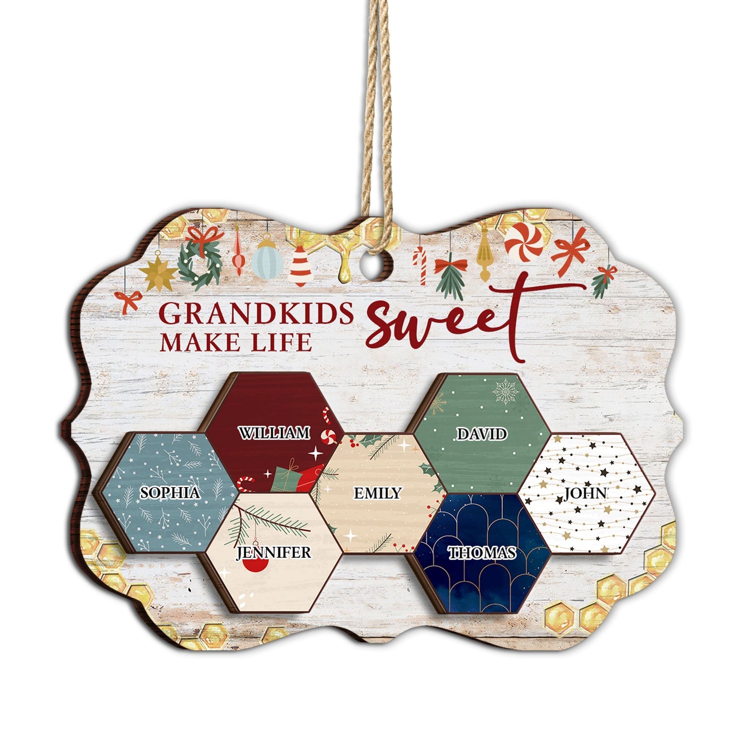Grandkid Make Life Sweet Honeycomb - Christmas Gift For Grandma, Grandpa - Personalized 2-Layered Wooden Ornament ORNA1210