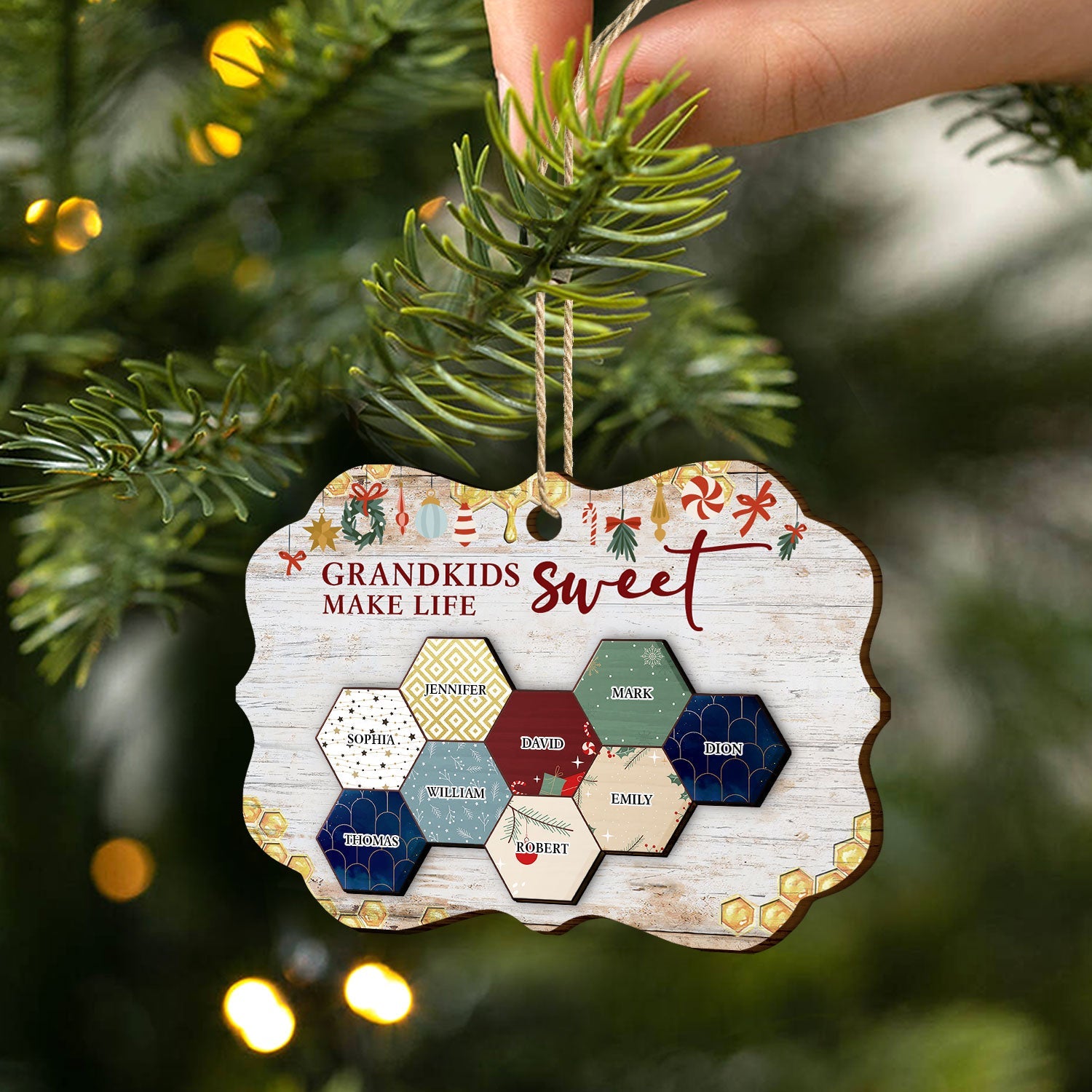 Grandkid Make Life Sweet Honeycomb - Christmas Gift For Grandma, Grandpa - Personalized 2-Layered Wooden Ornament ORNA1210