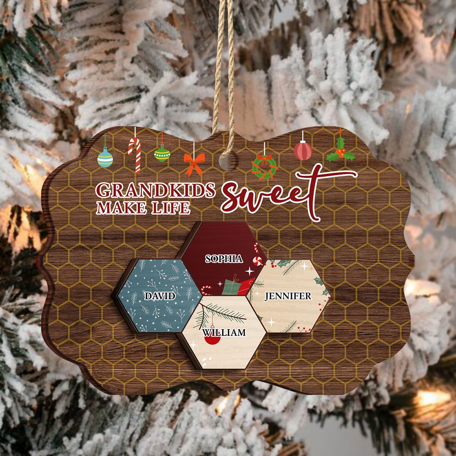 Grandkid Make Life Sweet Honeycomb - Christmas Gift For Grandma, Grandpa - Personalized 2-Layered Wooden Ornament ORNA1210