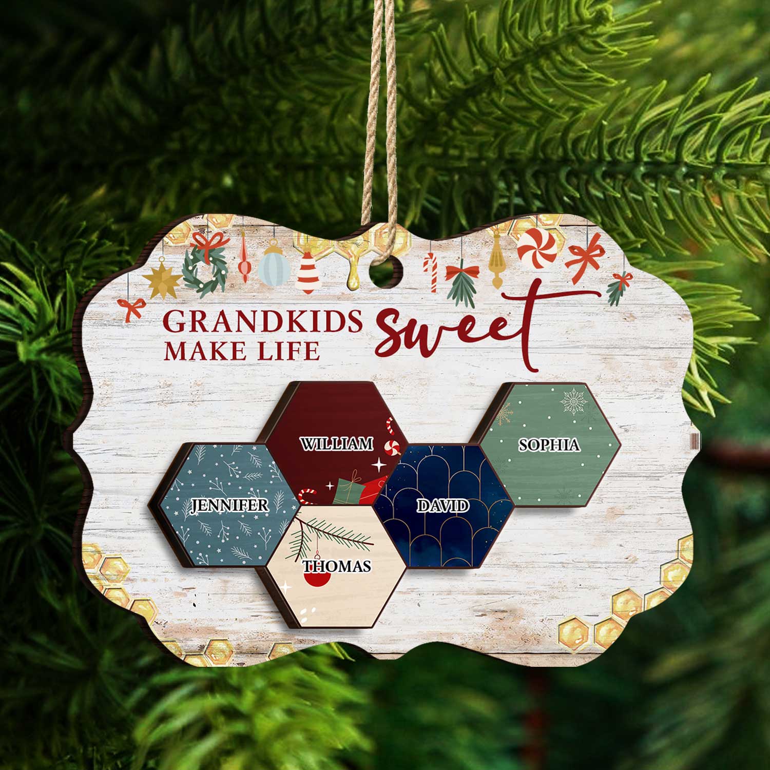 Grandkid Make Life Sweet Honeycomb - Christmas Gift For Grandma, Grandpa - Personalized 2-Layered Wooden Ornament ORNA1210