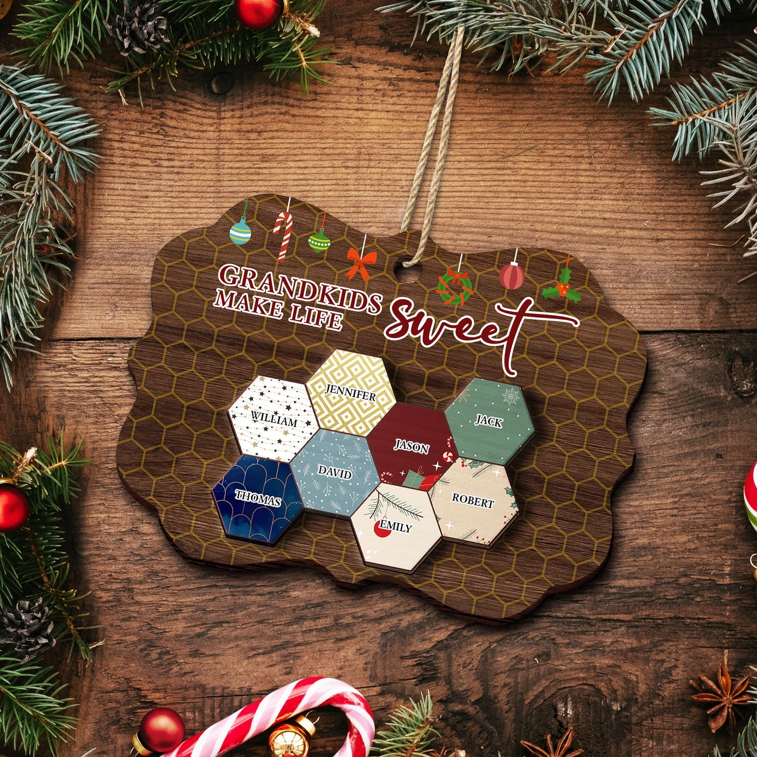 Grandkid Make Life Sweet Honeycomb - Christmas Gift For Grandma, Grandpa - Personalized 2-Layered Wooden Ornament ORNA1210