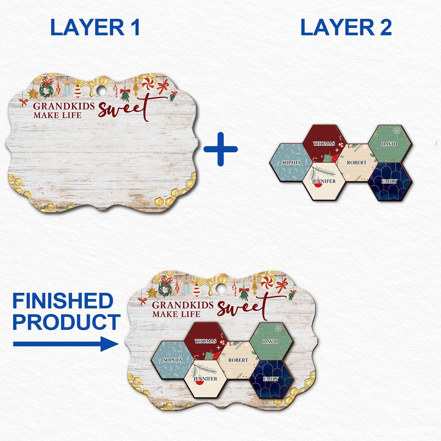 Grandkid Make Life Sweet Honeycomb - Christmas Gift For Grandma, Grandpa - Personalized 2-Layered Wooden Ornament ORNA1210