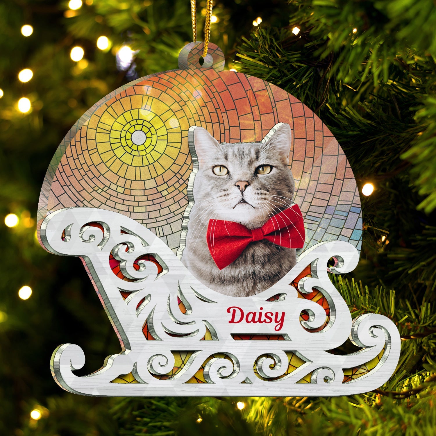 Custom Photo Christmas Sleigh With Dog, Cat Or Person - Christmas, Funny Gift For Pet Lovers, Couples, Family, Friends - Personalized 2-Layered Acrylic Suncatcher Ornament ORNA1210