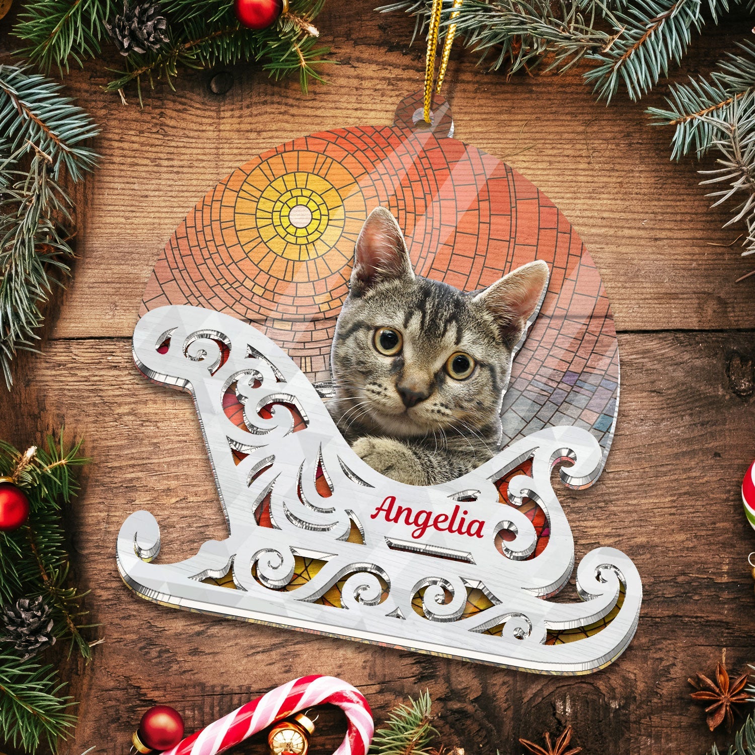 Custom Photo Christmas Sleigh With Dog, Cat Or Person - Christmas, Funny Gift For Pet Lovers, Couples, Family, Friends - Personalized 2-Layered Acrylic Suncatcher Ornament ORNA1210