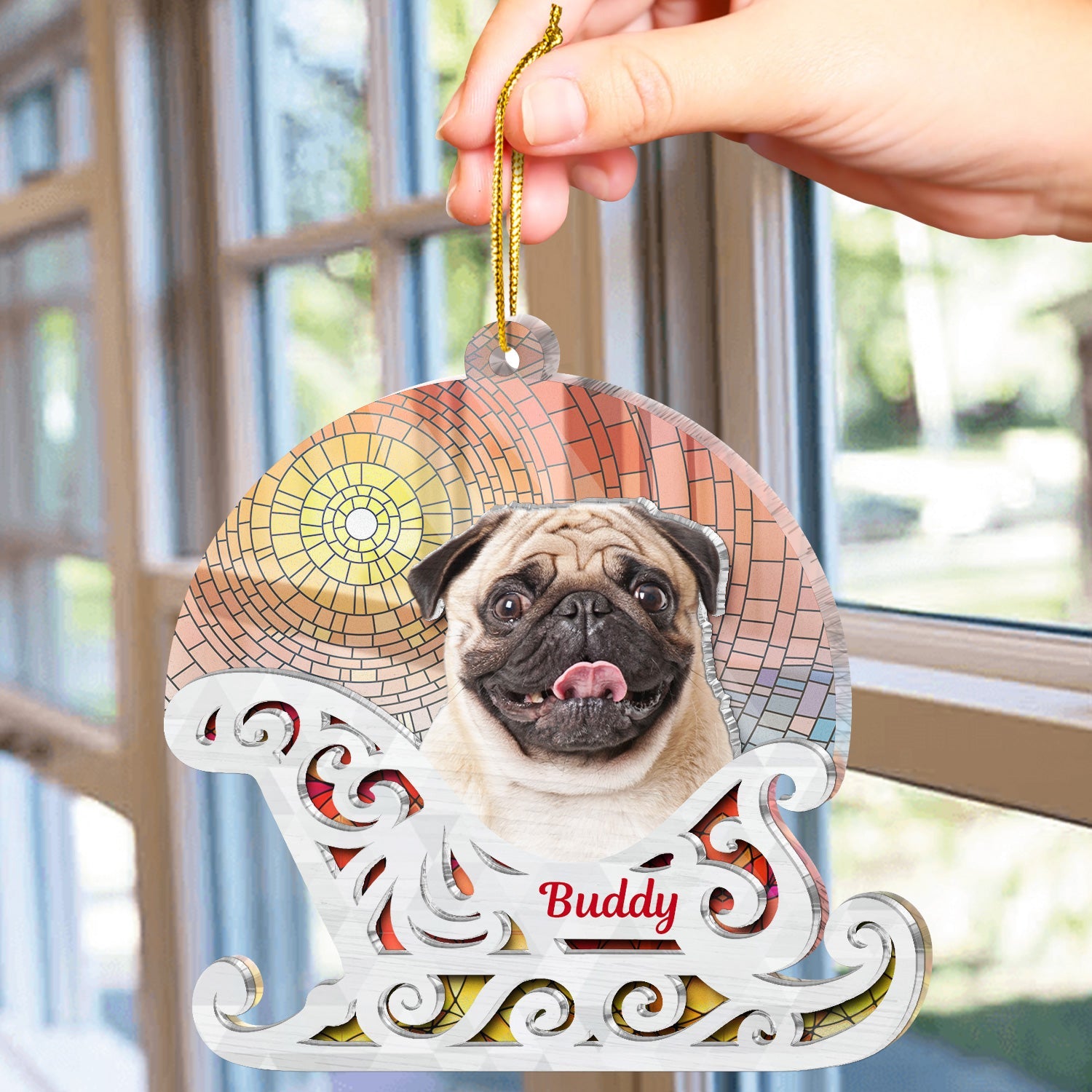 Custom Photo Christmas Sleigh With Dog, Cat Or Person - Christmas, Funny Gift For Pet Lovers, Couples, Family, Friends - Personalized 2-Layered Acrylic Suncatcher Ornament ORNA1210
