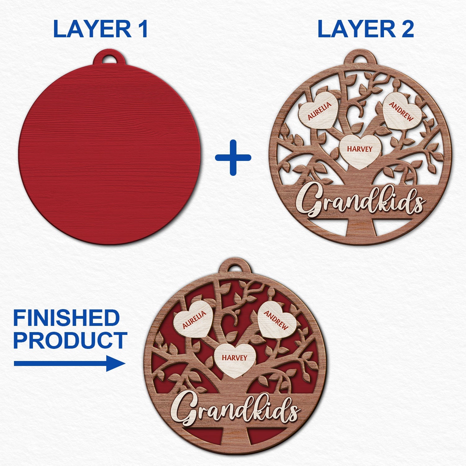 Grandkids Family Tree - Christmas Gifts For Grandparents, Grandkids, Family - Personalized 2-Layered Wooden Ornament ORNA1210