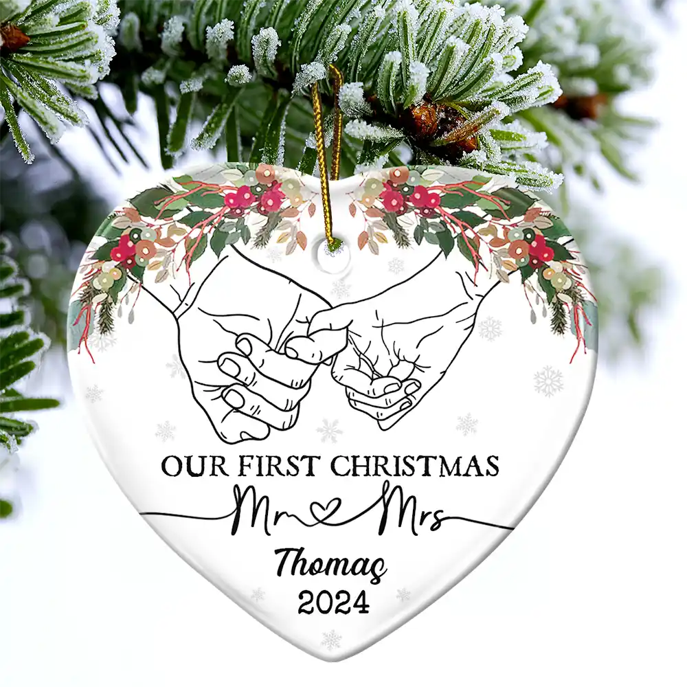 Holding Hands Our First Christmas - Personalized Heart Ceramic Ornament ORNA1210