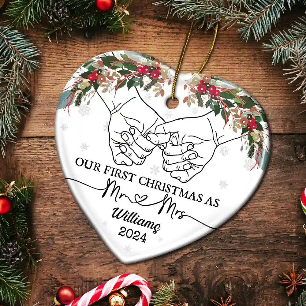 Holding Hands Our First Christmas - Personalized Heart Ceramic Ornament ORNA1210