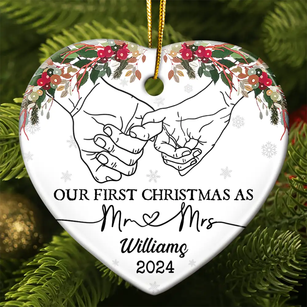 Holding Hands Our First Christmas - Personalized Heart Ceramic Ornament ORNA1210