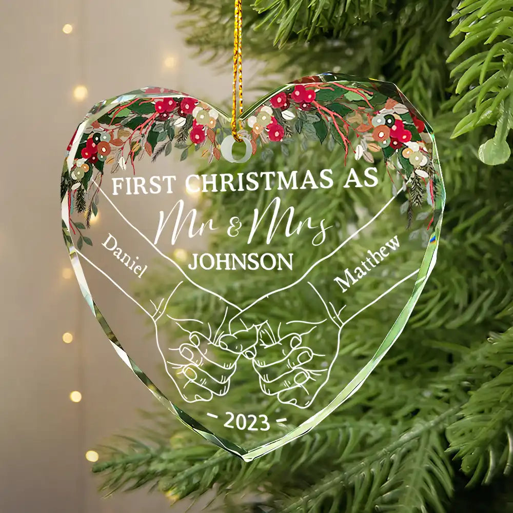 Holding Hands First Christmas Couple - Personalized Heart Shaped Glass Ornament ORNA1210