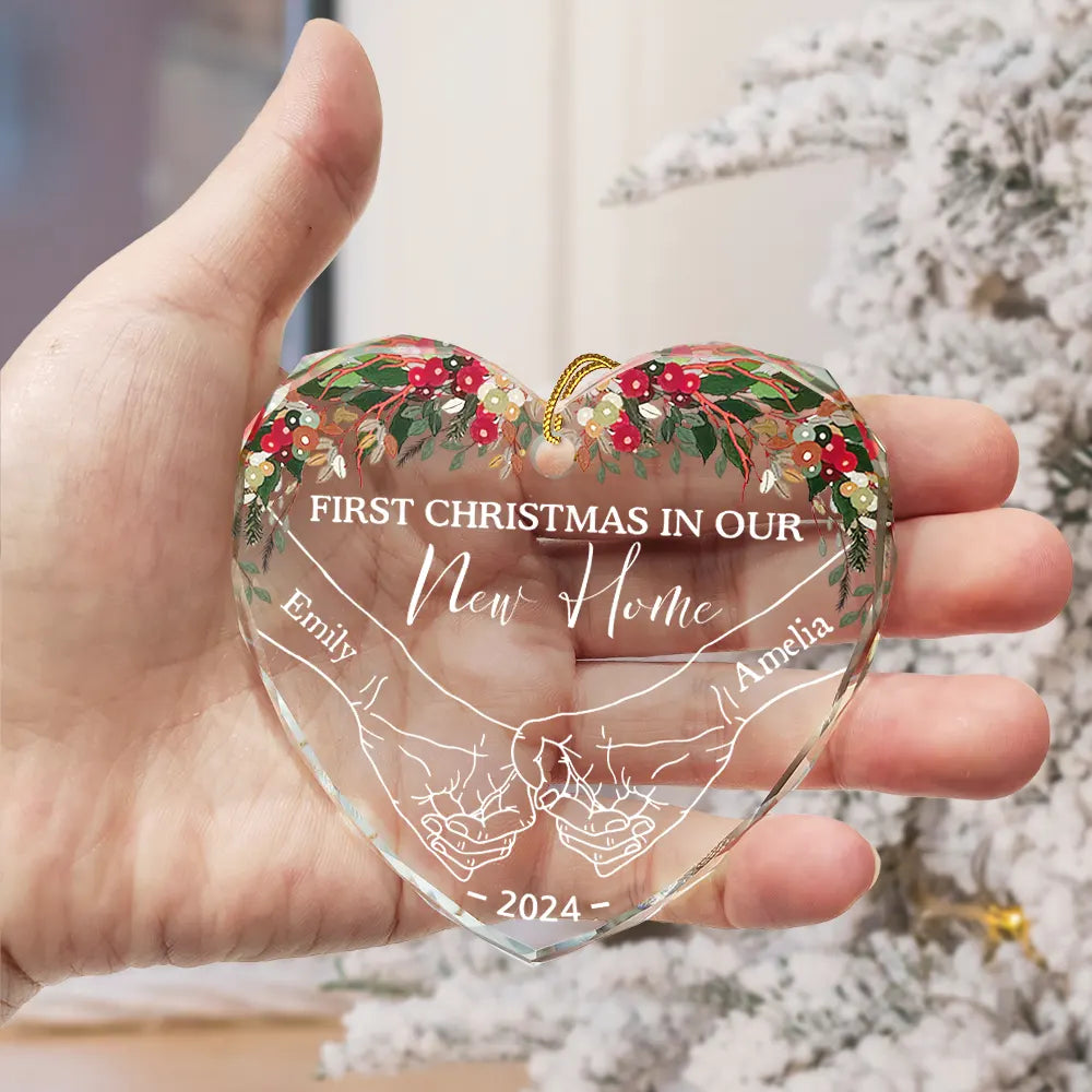 Holding Hands First Christmas Couple - Personalized Heart Shaped Glass Ornament ORNA1210