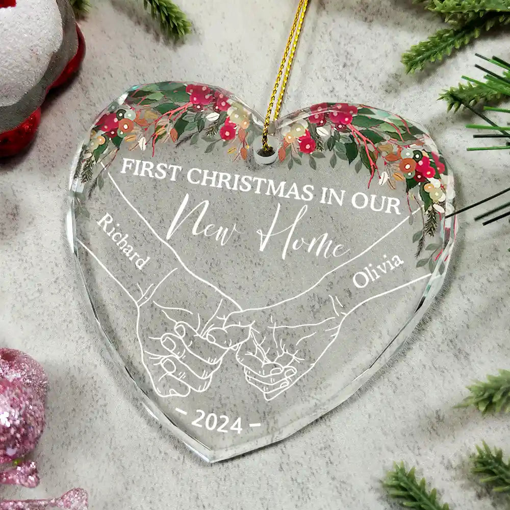 Holding Hands First Christmas Couple - Personalized Heart Shaped Glass Ornament ORNA1210