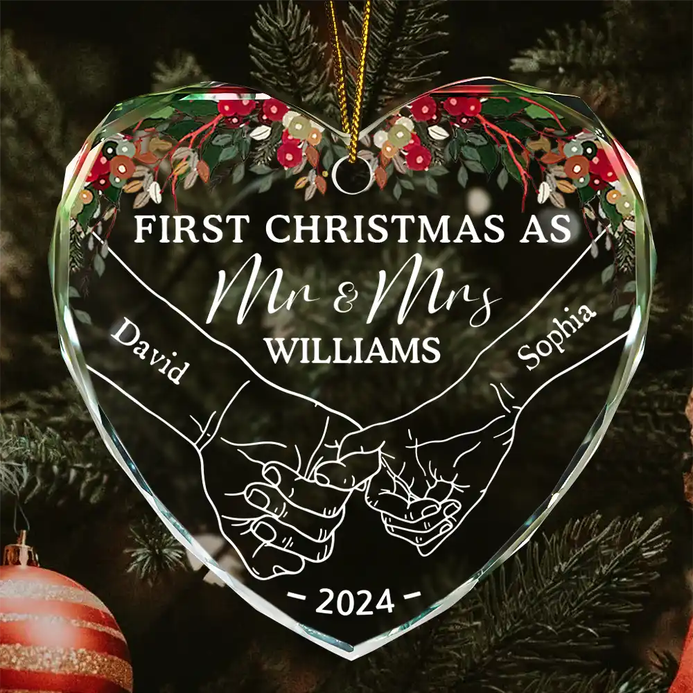 Holding Hands First Christmas Couple - Personalized Heart Shaped Glass Ornament ORNA1210