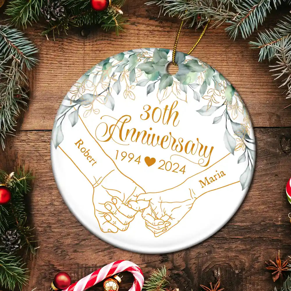 Holding Hands Couples Anniversary - Personalized Circle Ceramic Ornament ORNA1210