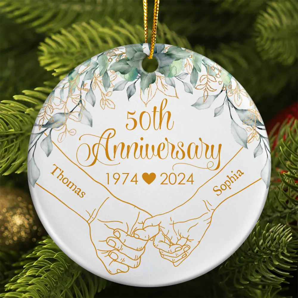 Holding Hands Couples Anniversary - Personalized Circle Ceramic Ornament ORNA1210