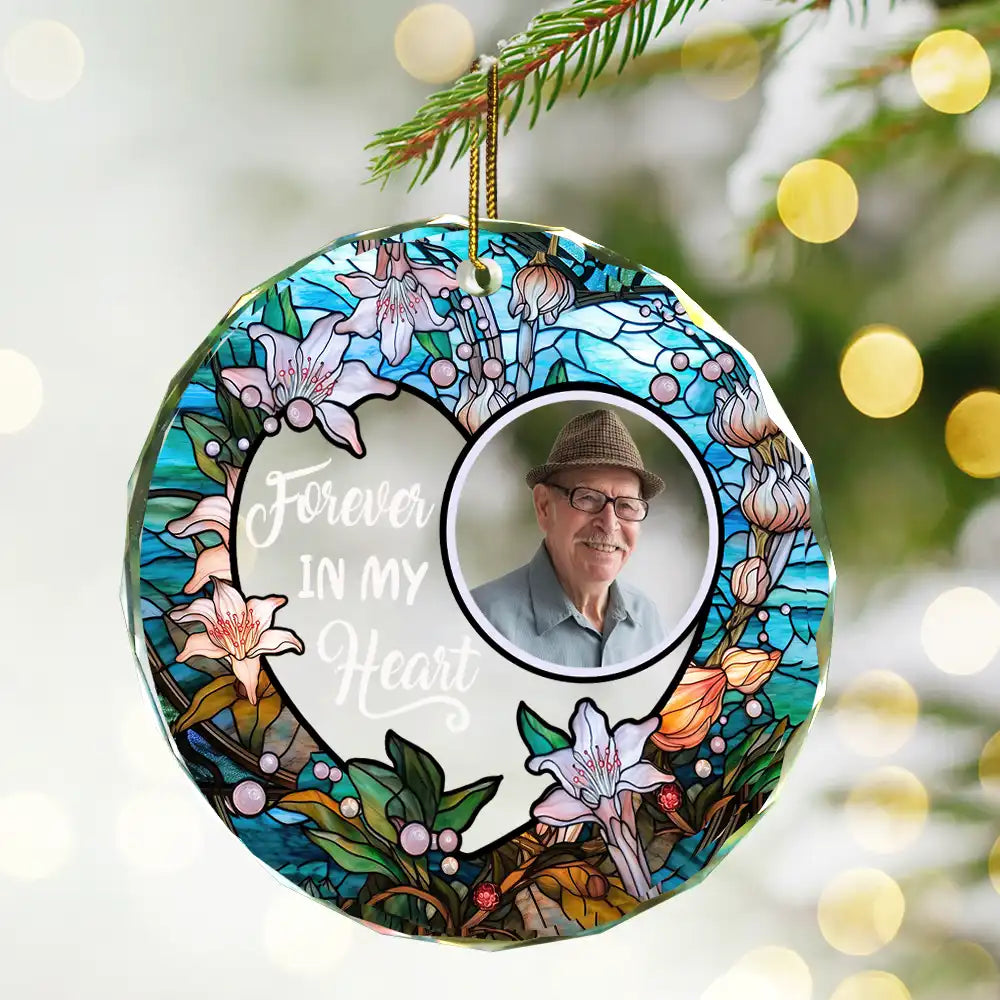 Custom Photo Christmas Forever In Our Hearts - Personalized Circle Glass Ornament ORNA1210