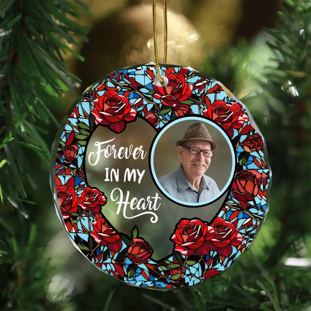 Custom Photo Christmas Forever In Our Hearts - Personalized Circle Glass Ornament ORNA1210